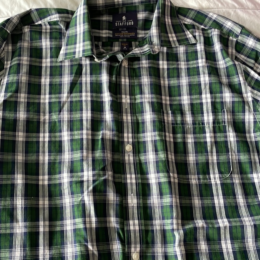 Green, navy, and white plaid Men’s dress shirt by Stanford size 16- 34-35
